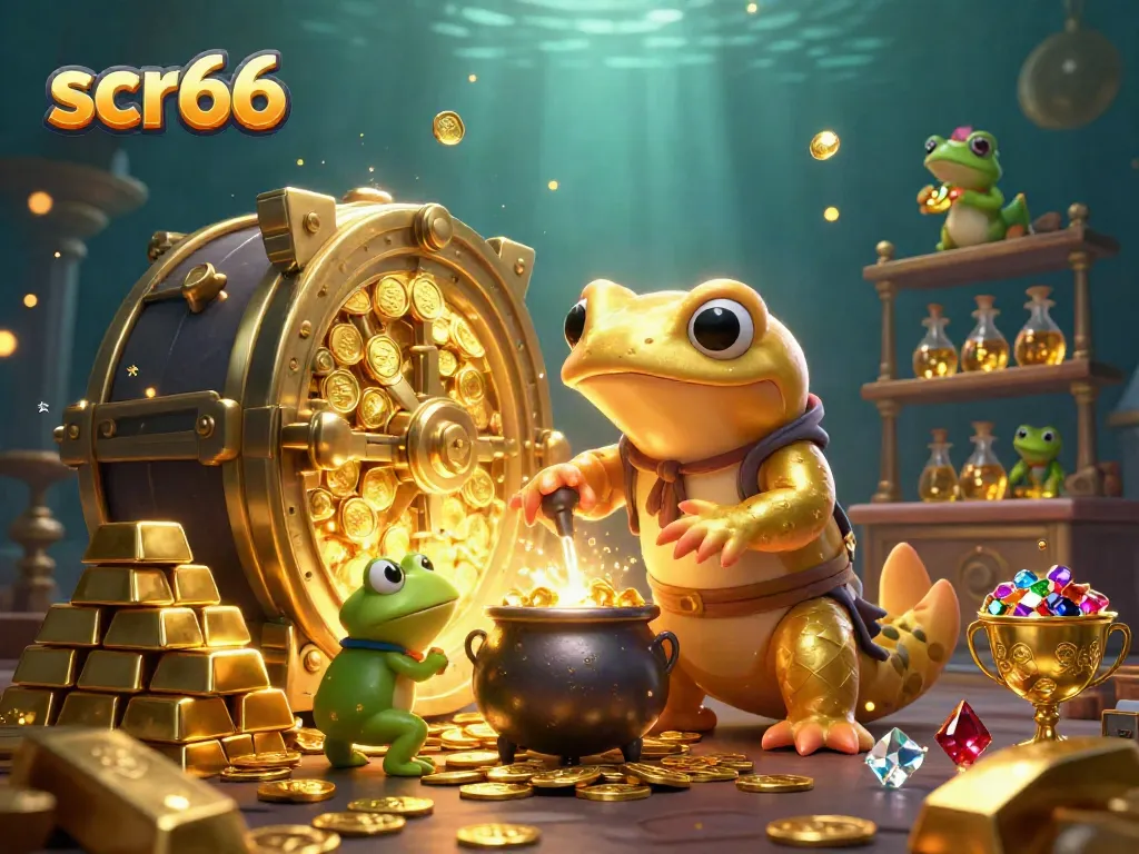Experience scr66's dynamic casino realm with a golden salamander alchemist amidst gold and gems.