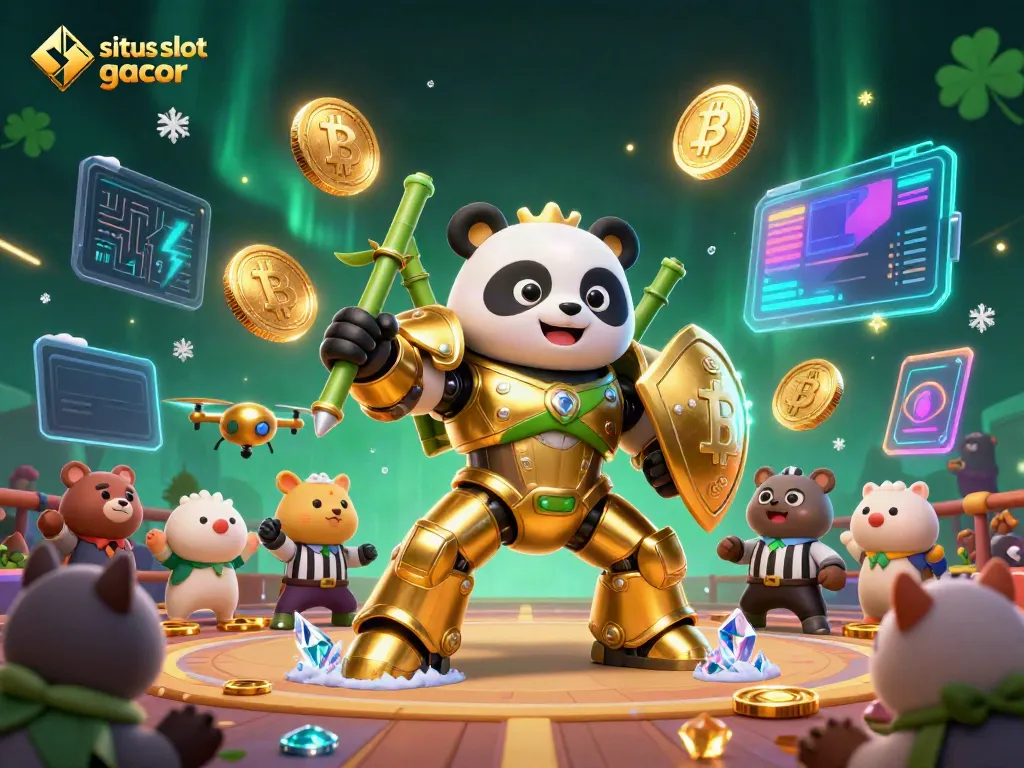 Play on situs slot gacor with animated characters and crypto elements in a dynamic casino scene.