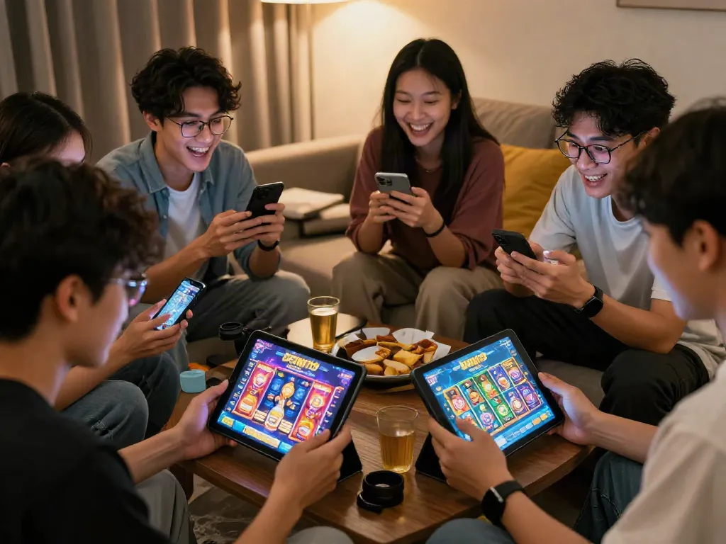 Pengalaman bermain game slot gacor DEWI19 dengan teman-teman di ruang tamu yang nyaman.