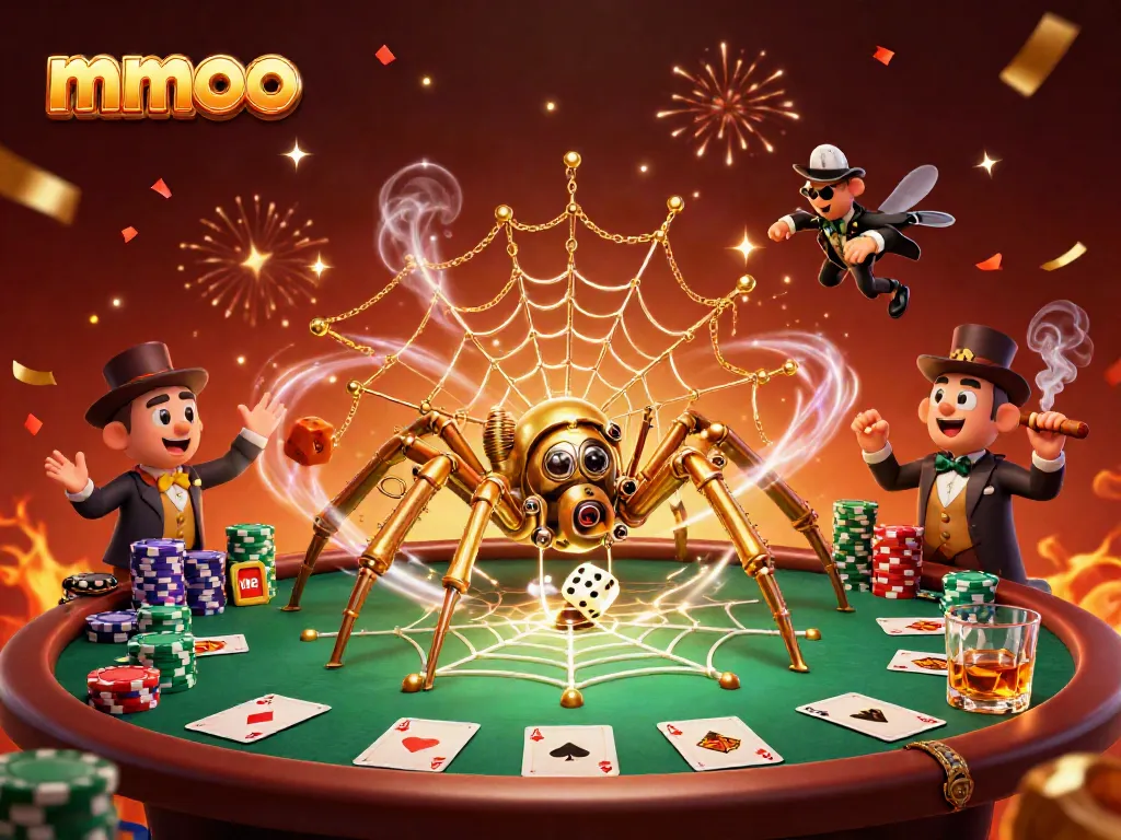 Engage with mmoo’s vibrant casino scene featuring a steampunk spider weaving a web of luck