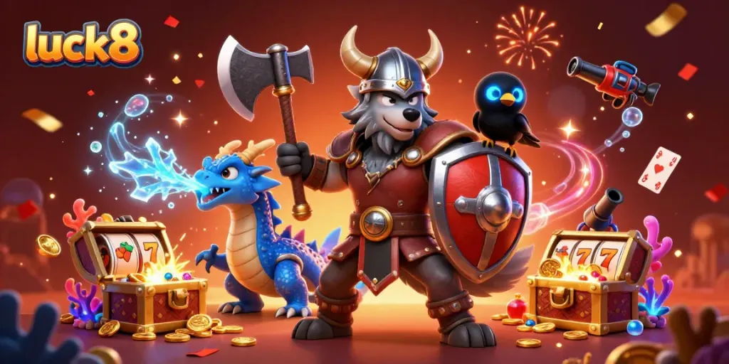 Engage with luck8's vibrant 3D casino scene featuring a Viking wolf warrior and a fierce dragon.