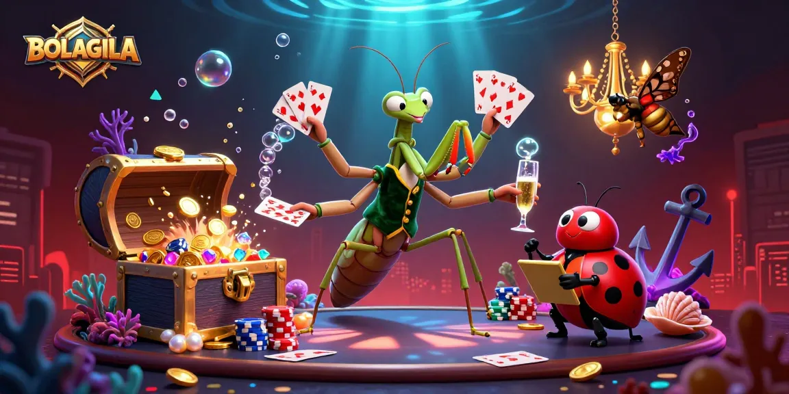 BOLAGILA introduces a vibrant casino scene with a giant praying mantis card sharp and ladybug pit boss in action.