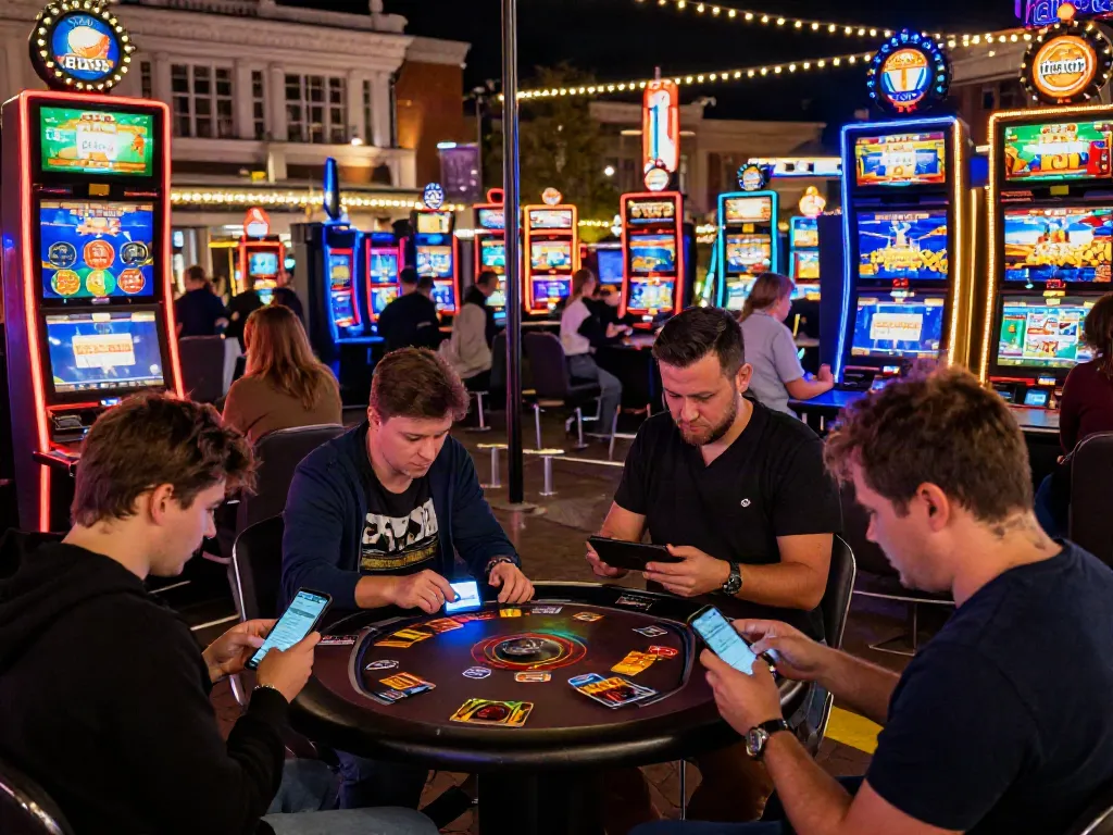 Credit card casinos UK night scene with players enjoying gaming activities and vibrant nightlife.