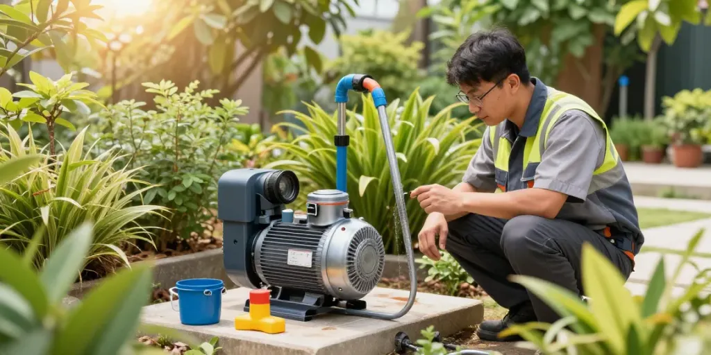 Instalación de bombas de agua en Venezuela en un jardín, técnico revisando un modelo moderno rodeado de plantas verdes.