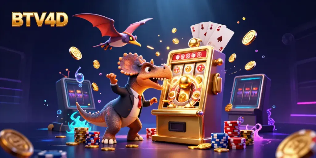 Visualisasi BTV4D dengan dinosaurus beraksi menyongsong jackpot di kasino digital.