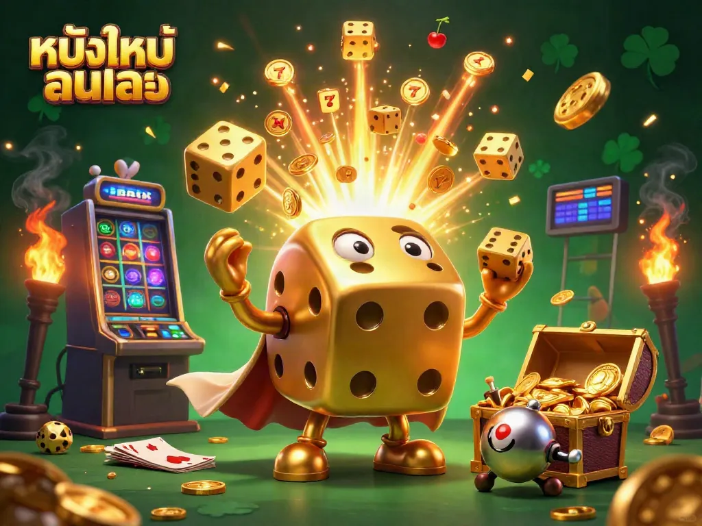Experience thrilling action with the fun character "หนังใหม่ชนโรง" in a lively casino environment.