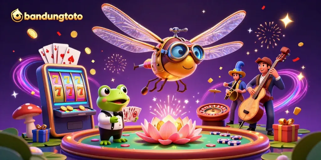 Engaging scene featuring bandungtoto with a dragonfly pilot above a lily pad casino, showcasing vibrant slot action.