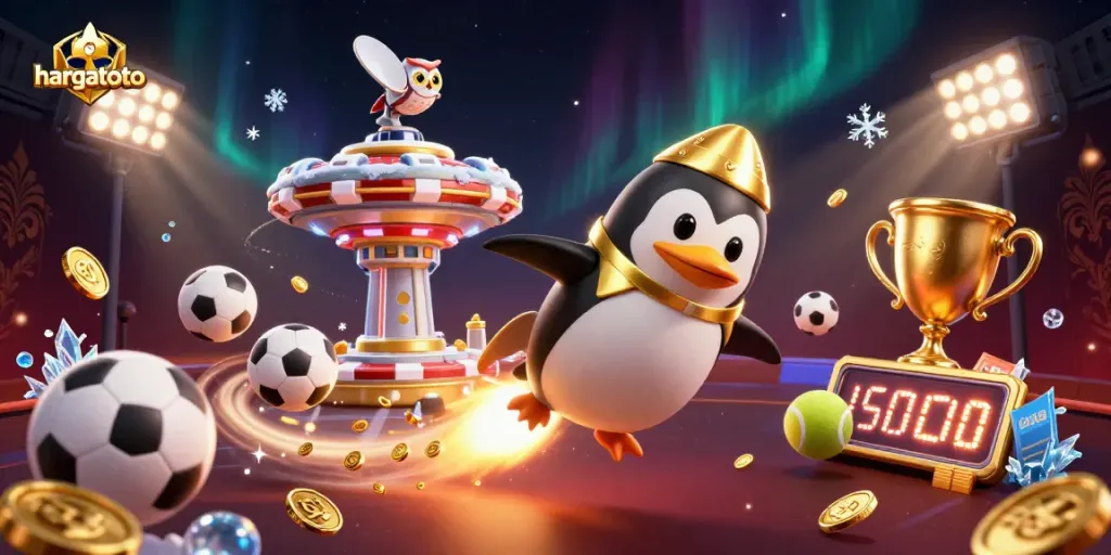 Engage with hargatoto in this vibrant casino-themed digital illustration featuring a rocket-propelled penguin.