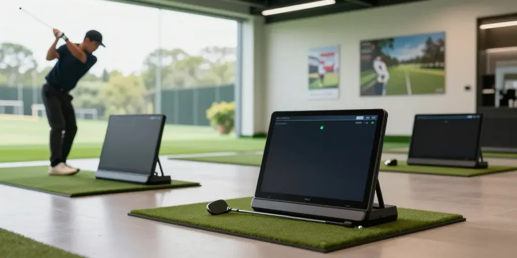 Golfer practicing with Budget Golf Launch Monitors in stylish indoor setting, focused on swing technique.