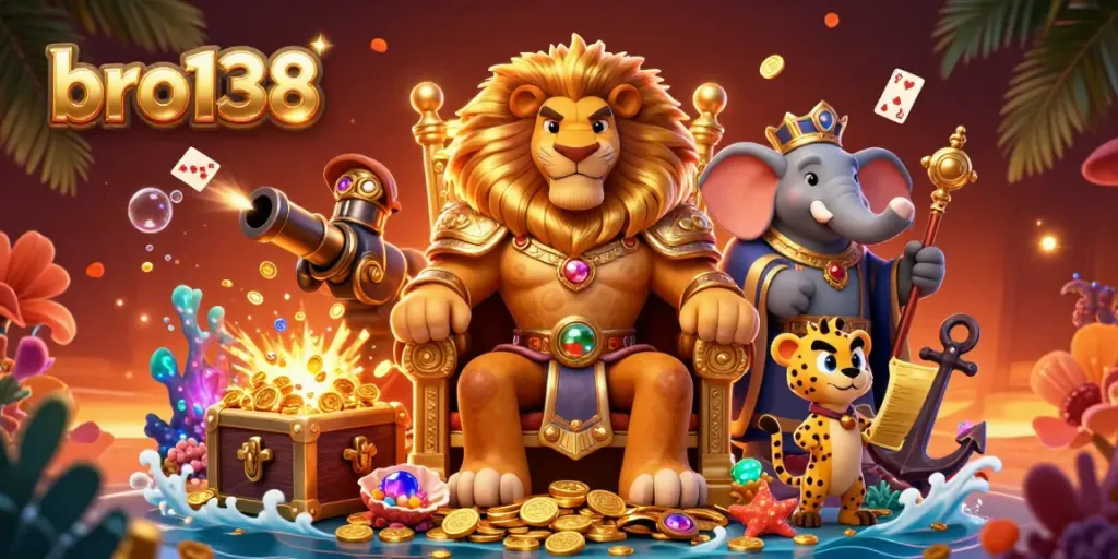 Experience the thrill of bro138 with an illustrated scene of a lion king, elephant advisor, and cheetah messenger in a lavish casino