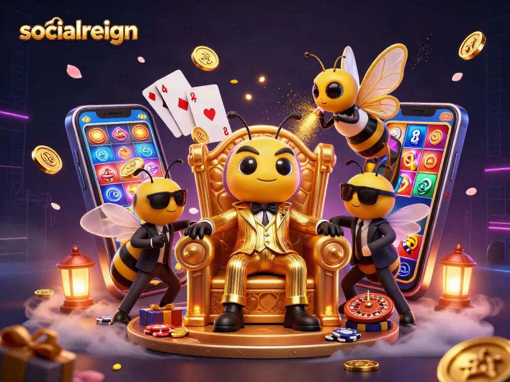 Experience thrilling action with socialreign's vibrant casino scene featuring a buzzing bumblebee mob boss.