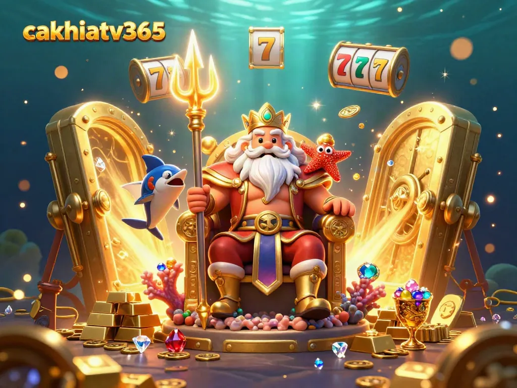 Engage in exciting gambling action with cakhiatv365, featuring a vibrant casino scene with Neptune and treasures.