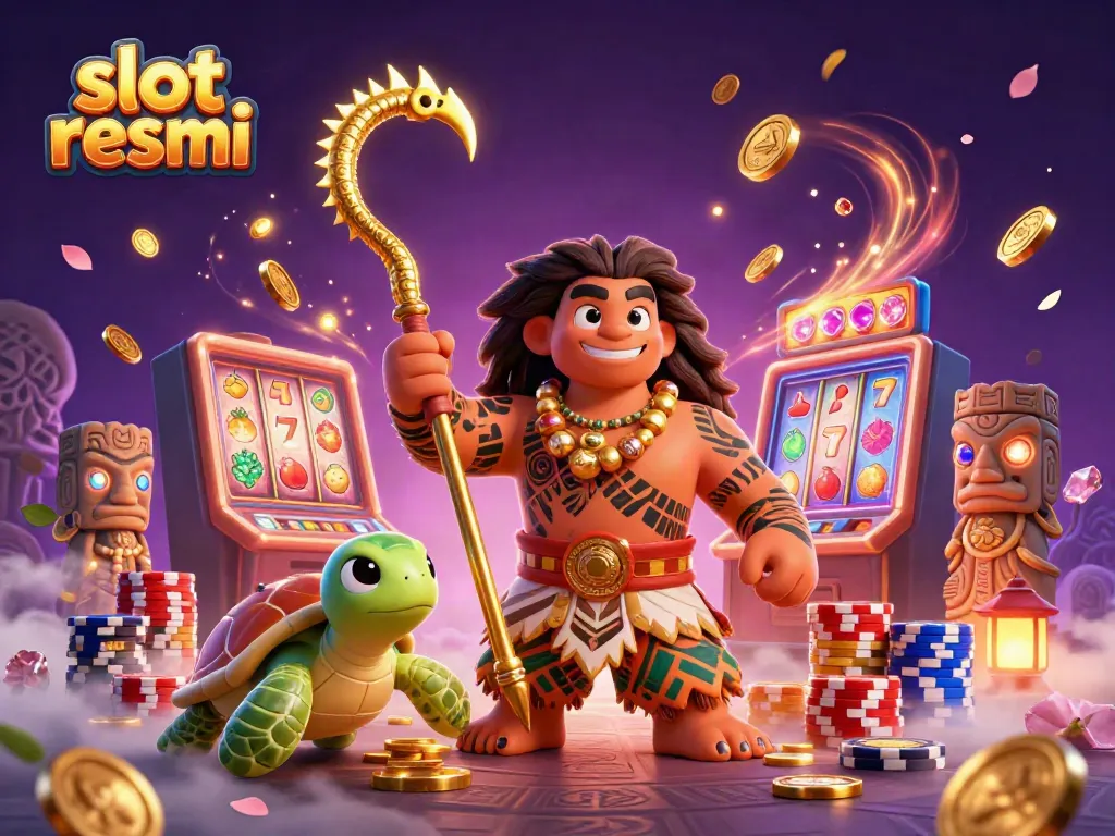Engage with slot resmi in a dynamic 3D illustration featuring a Maui-style demigod, lucky 7s, and vibrant casino elements.