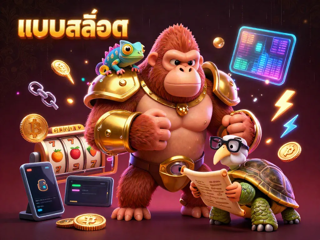 Engage with แบบสล็อต featuring a powerful gorilla king and a wise tortoise, amidst dynamic slot game elements.
