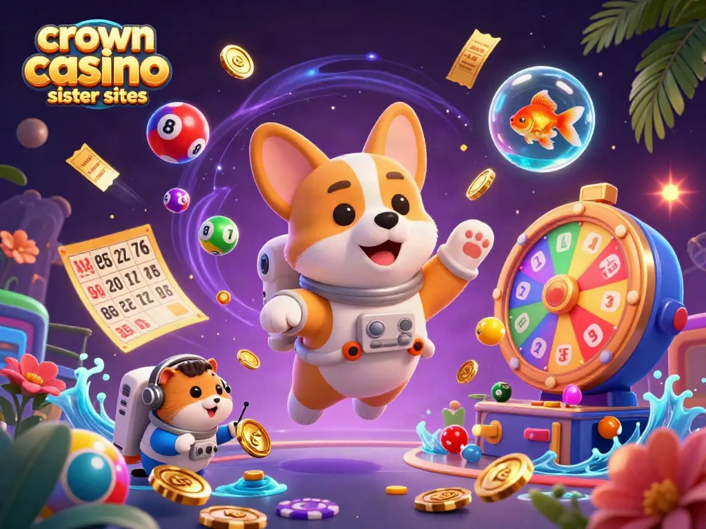 Uncover crown coins casino sister sites in a vibrant space station casino scene filled with floating coins and characters.