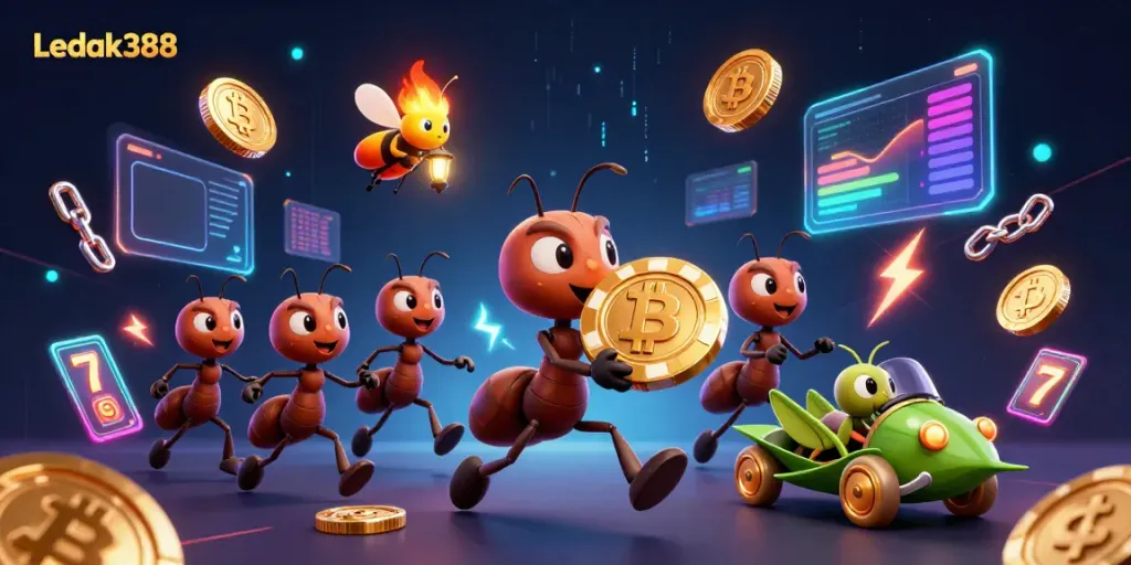 Engage with Ledak388's vibrant 3D scene of cartoon ants heisting a giant poker chip amid neon crypto coins and dynamic casino elements.