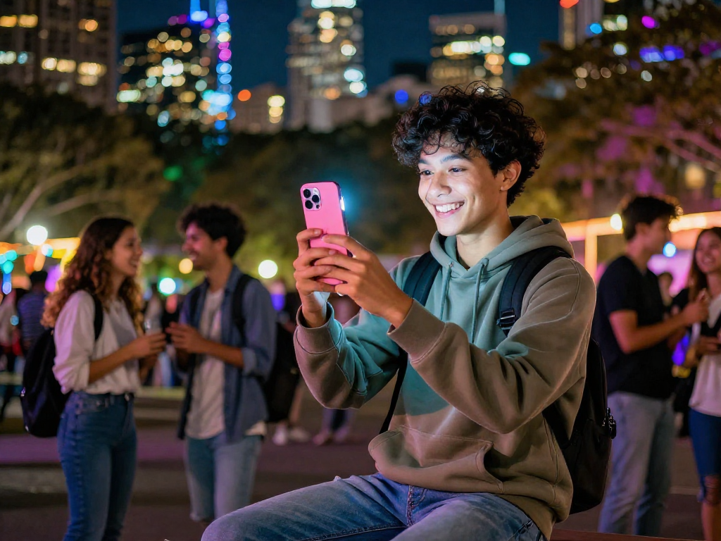 Engaging in a cheerful pink chat video call in a lively urban park setting.