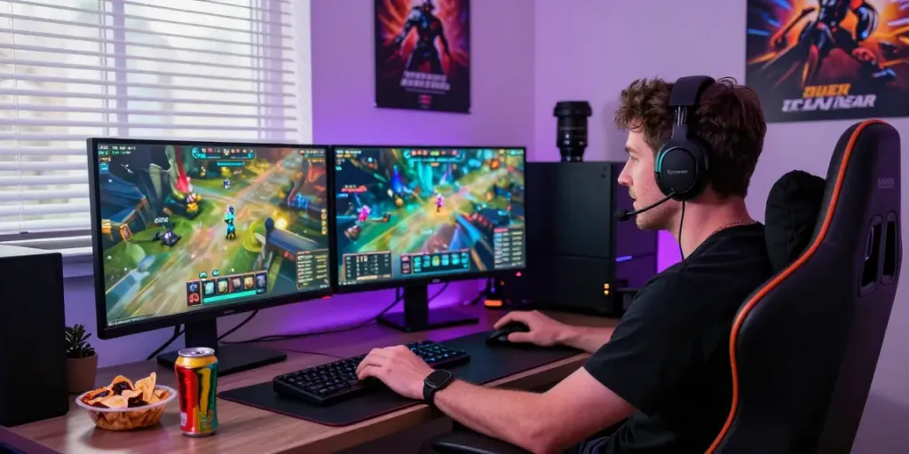 Gamer menikmati pengalaman di https://raja77gokil.com/ dengan monitor mengesankan dan pencahayaan RGB.
