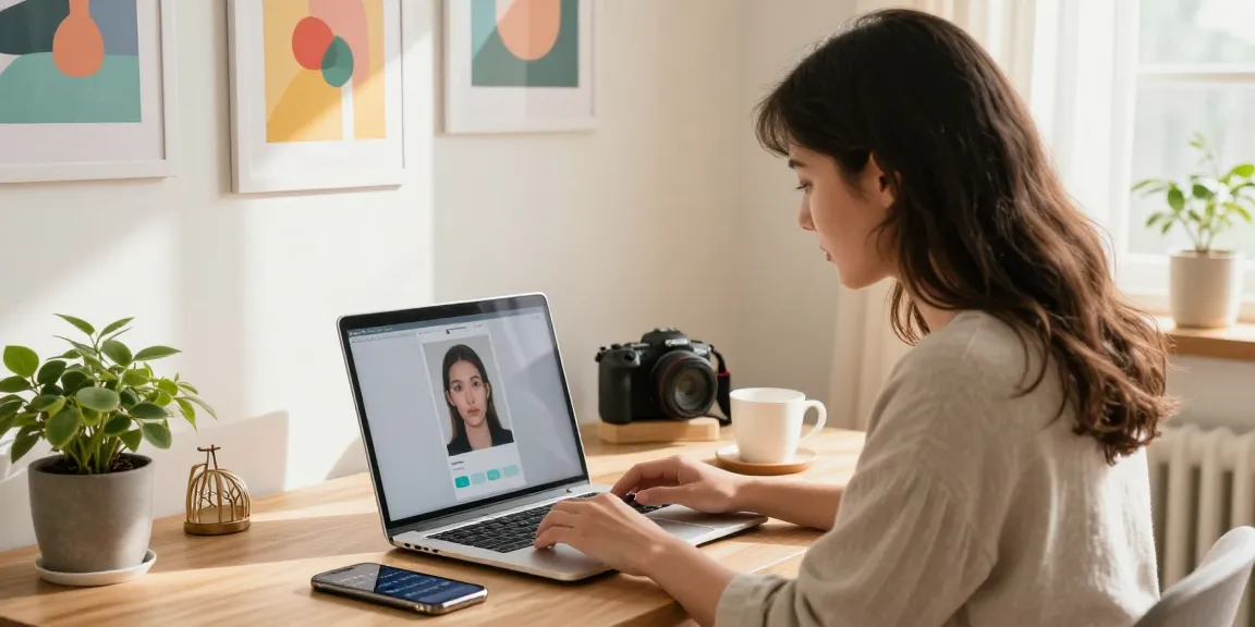 Young woman exploring how old do I look while analyzing her selfie photo in a cozy home office.