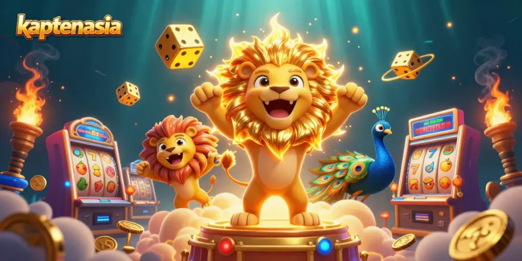 Engage with kaptenasia's vibrant gaming world featuring a roaring lion, slot machines, and golden dice.