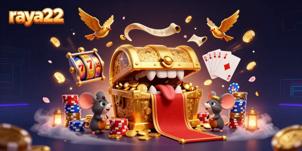Raya22 menawarkan suasana menarik dengan mesin slot dan tumpukan poker dalam ilustrasi 3D yang kaya detail.