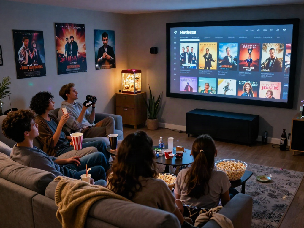 Friends enjoying a movie night with Moviebox app in cozy home theater setting, showcasing film posters and popcorn.