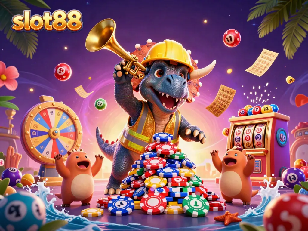Celebrate slot88 wins with a playful triceratops and parasaurolophus in a vibrant casino scene