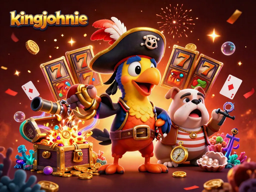 Experience kingjohnnie's world of excitement with thrilling slot jackpots on a vibrant pirate-themed 3D scene.