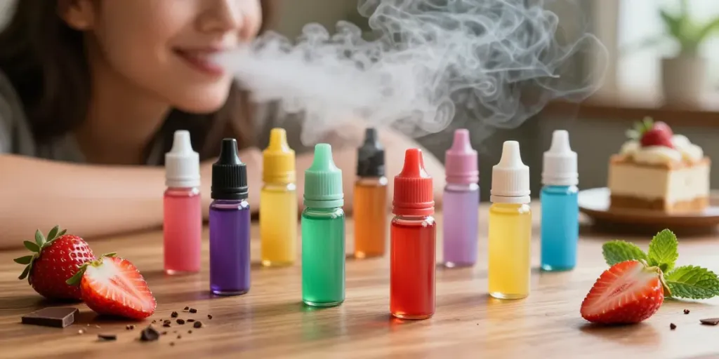 Vibrant salt nicotine vape juice bottles with fruit and dessert elements, evoking a smooth vaping experience.