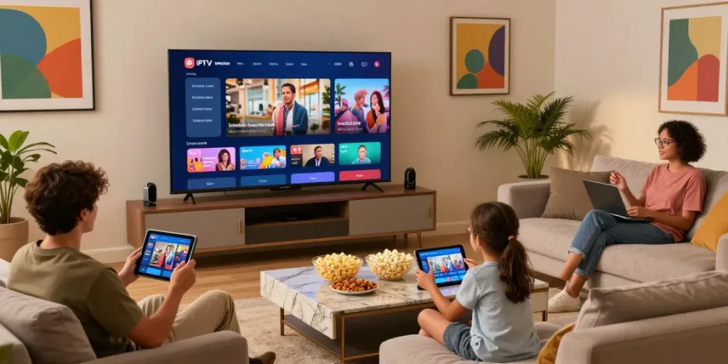Family enjoying the best IPTV service while watching TV together.