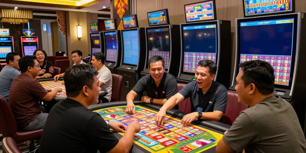 Suasana perjudian modern dengan pemain yang terlibat dalam permainan lotere dewitogel, tiket berwarna-warni tersebar di meja.