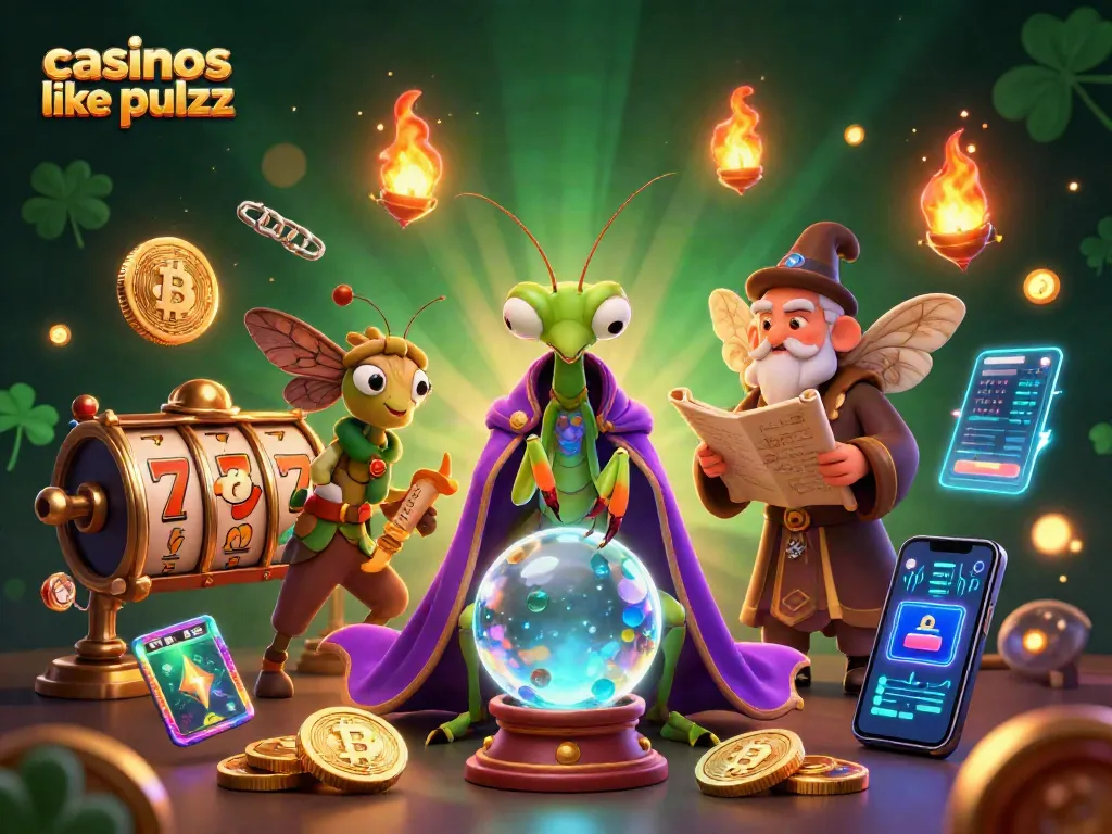 Engage with casinos like pulsz through a vibrant 3D illustration showcasing slot games and fortune elements.