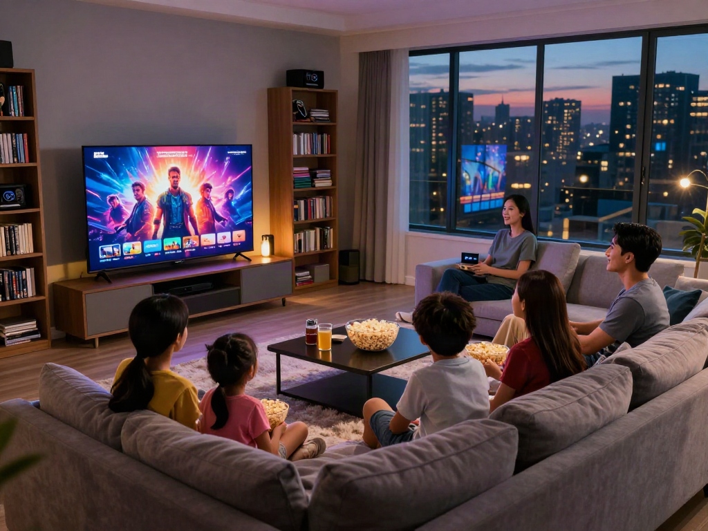 Family enjoying a movie night on Moviebox with cozy decor and snacks.