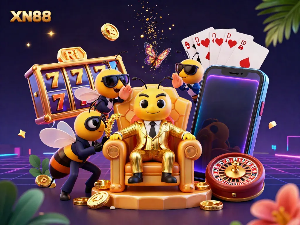 Experience the thrilling ambiance of XN88 with vibrant slot games, golden treasures, and engaging characters in this casino-themed illustration.