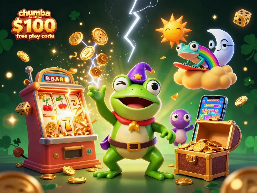 Engage with chumba casino $100 free play code showcasing a magical scene of a frog and chameleon amid golden coins and slot jackpots.