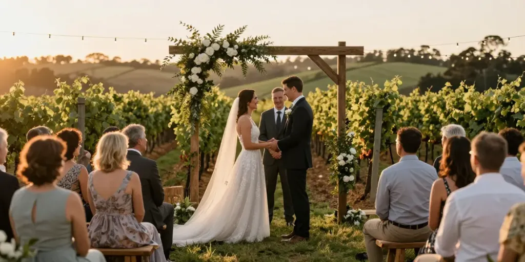 Pokolbin wedding photographer captures a couple exchanging vows under a floral arch with vineyard backdrop.