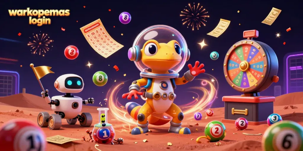 Login warkopemas dengan kasino alien mengasyikkan dalam 3D, bola lotere berwarna-warni meriah.