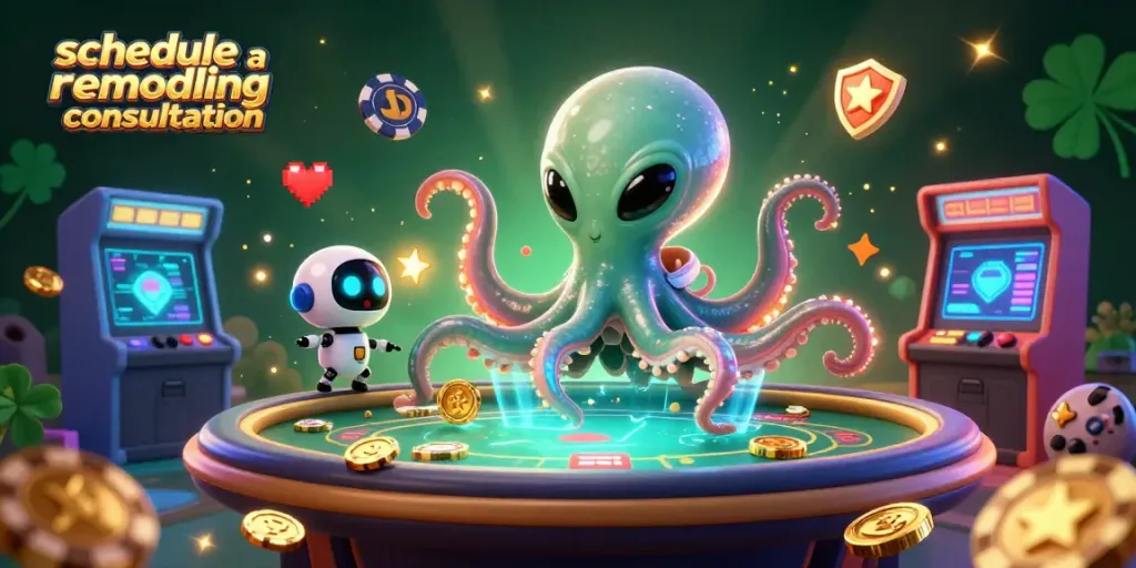 Schedule a remodeling consultation while playing exciting holographic poker amidst vibrant cosmic elements.