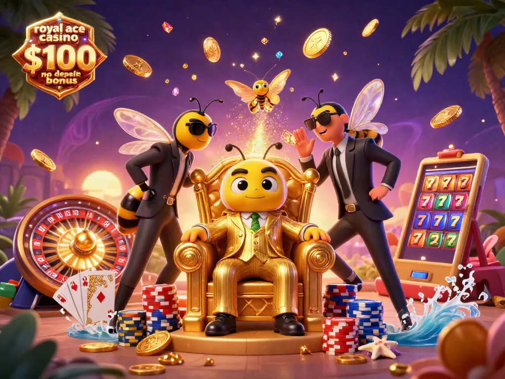 Spin a winning fortune with royal ace casino $100 no deposit bonus in a vibrant 3D illustration.