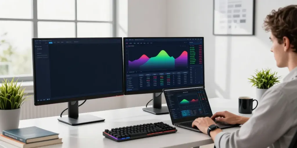 Real-time stock data API interfaces displayed in a professional crypto trading workspace with digital wallet.