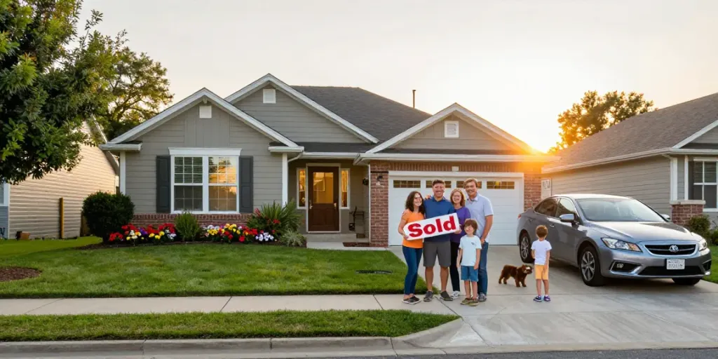 Happy family celebrating their property purchase in a welcoming suburban neighborhood.