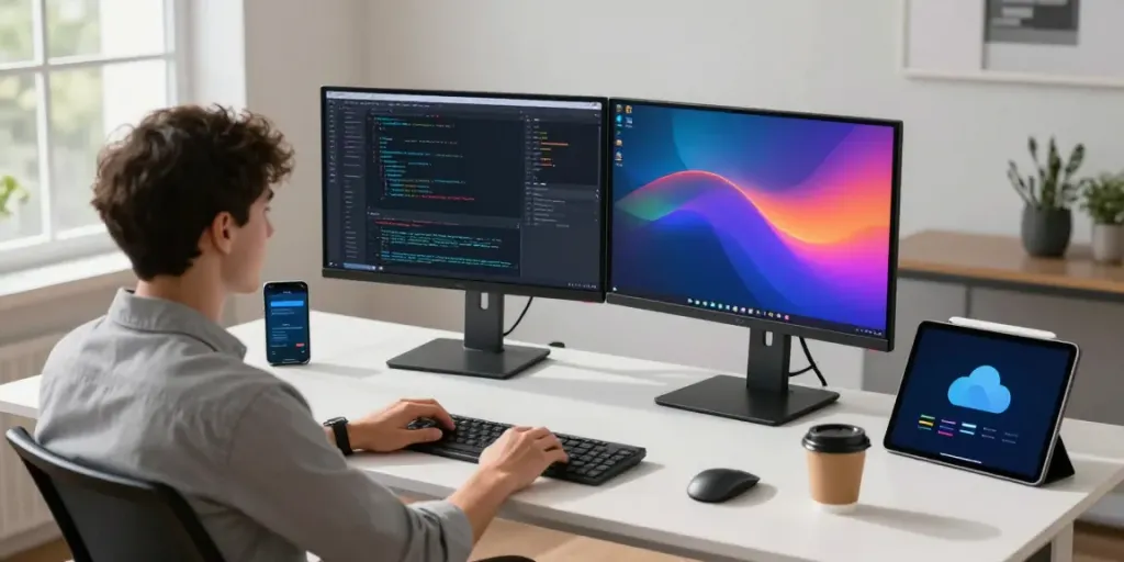 快连 software development workspace with dual monitors and coding visuals.