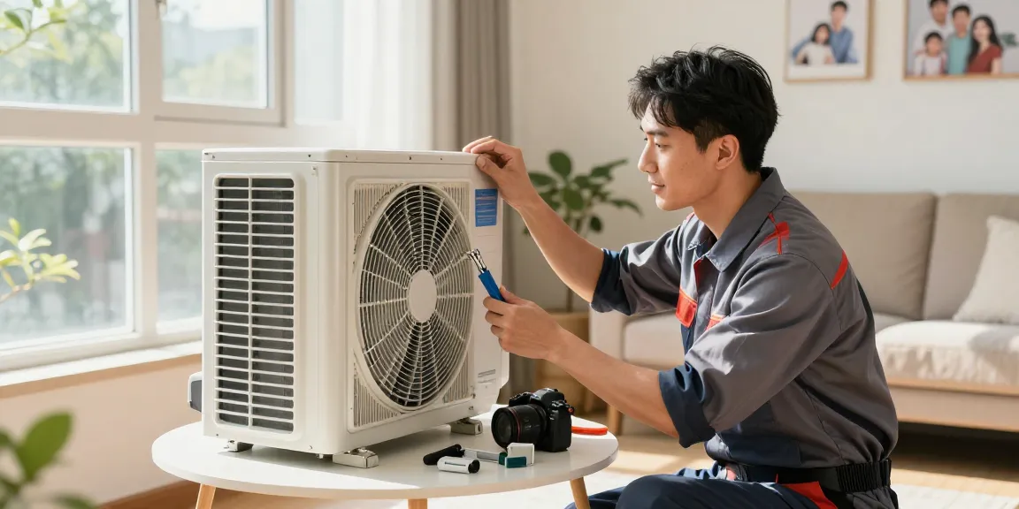Expert technician performing Window AC repair in a cozy living room with natural sunlight illuminating the workspace.