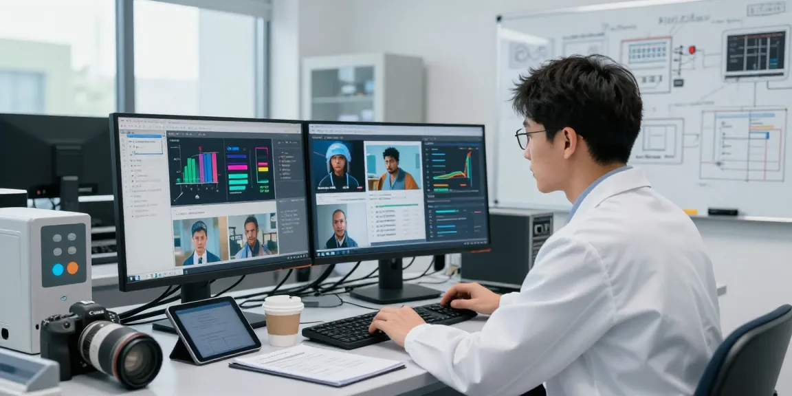 AI-Generated Image Detection in a high-tech digital forensics lab environment with an expert analyzing images