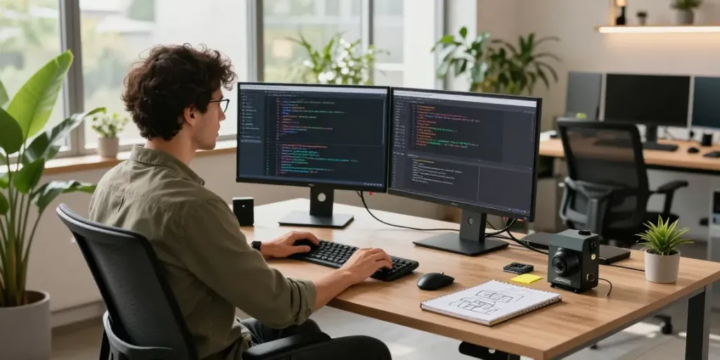 Developer pemrograman dengan Server PG di ruang kerja modern yang terang.