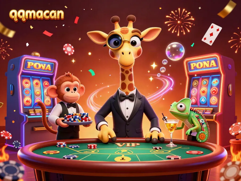 Experience thrilling gameplay at qqmacan with a vibrant illustration of a high-roller giraffe at a poker table.