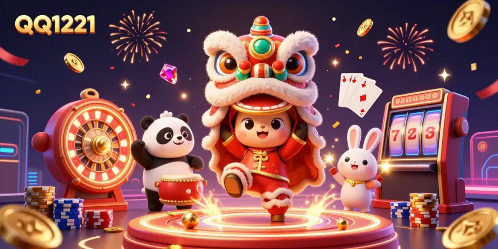 Experience vibrant QQ1221 digital casino fun with animated lion dance and festive elements.
