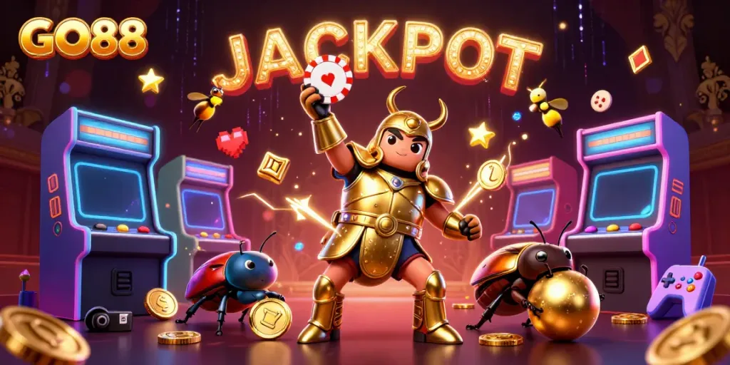Experience a thrilling GO88 jackpot scene with vibrant characters and casino elements.