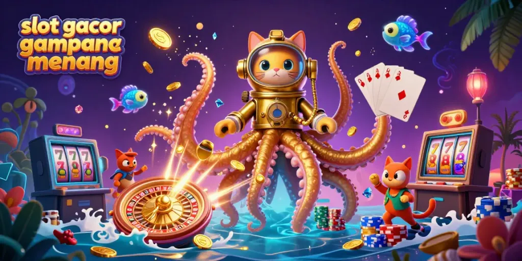 Slot gacor gampang menang dengan kraken berkilau, kucing penyelam, dan koin emas memanjang.
