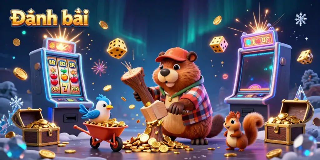 Win big with Đánh bài as a beaver and friends celebrate amid a coin shower and vibrant casino elements.